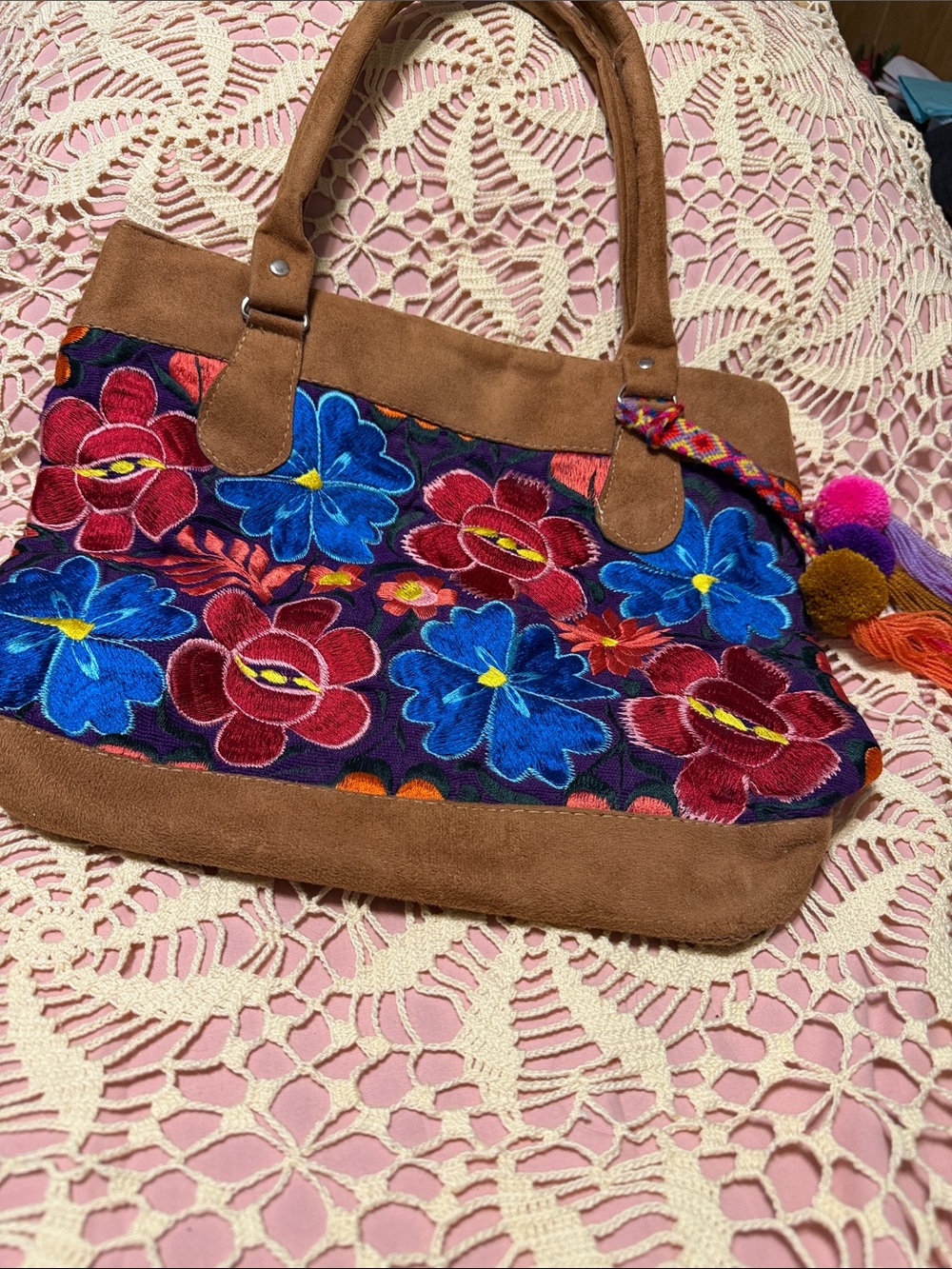 Suede Embroidered Floral Tote Bag in Brown and Multicolor